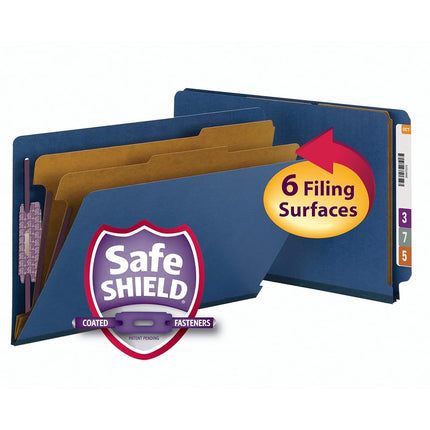 Smead 100% Recycled End Tab Pressboard Classification File Folder with SafeSHIELD Fasteners, 2 Dividers, 2" Expansion, Legal Size, Dark Blue, 10 per Box (29784)