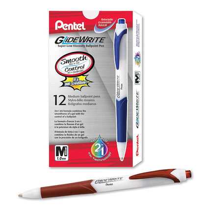 Pentel GlideWrite Ballpoint Pen with TechniFlo Ink, (1.0mm) Medium Line, Brown Ink, Box of 12 Pens (BX910-E)