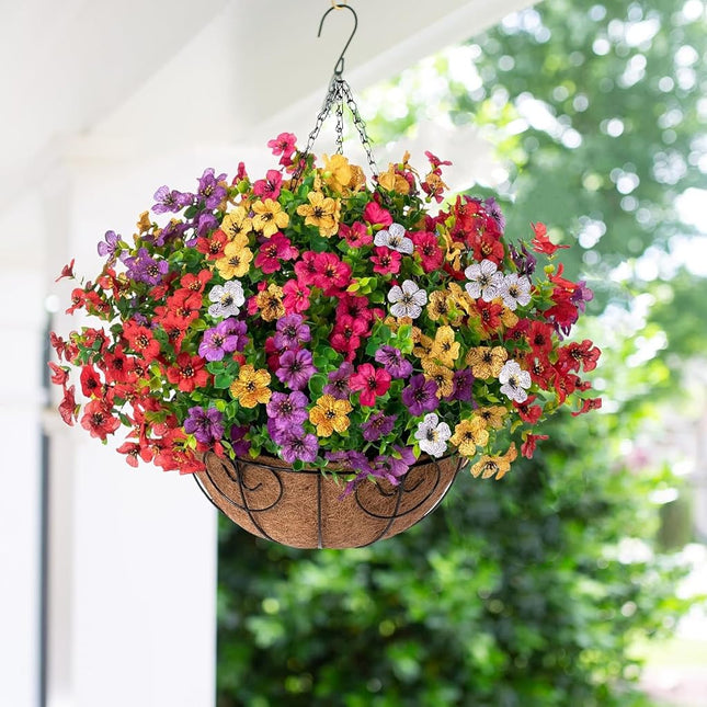 Artificial Flowers with Hanging Basket Planter for Home Decoration, Daisy with Eucalyptus Leaves Outdoor Indoor Garden Yard, Metal Coconut Lining Basket with Faux Plant, Mix Color