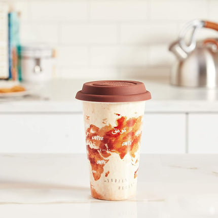 De'Longhi Hot Coffee Travel Mug Ceramic Thermal Double Wall + Silicone Lid, 10 oz, Adventurer Theme