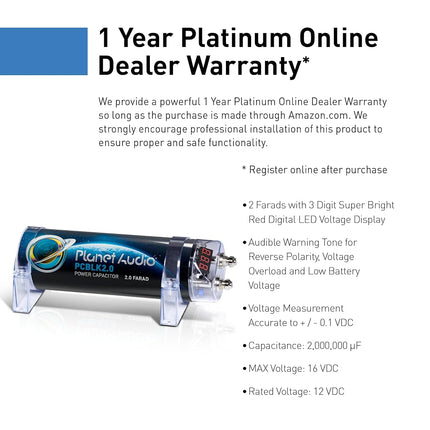Planet Audio PCBLK2.0 – 2 Farad Car Capacitor For Energy Storage To Enhance Bass Demand From Audio System