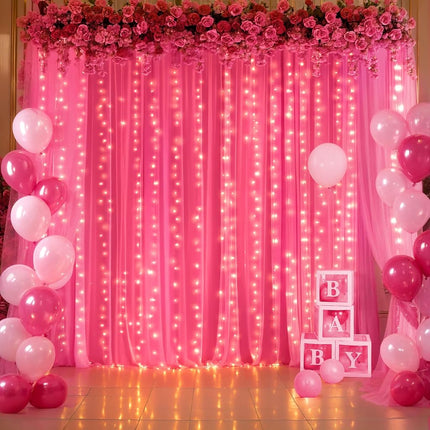 Hot Pink Tulle Backdrop Curtain with Lights for Pa