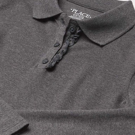 The Children's Place Girls' Long Sleeve Ruffle Pique Polo, Dk Heather Gray Single, Medium