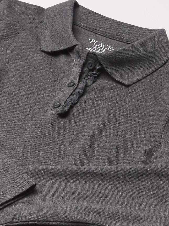 The Children's Place Girls' Long Sleeve Ruffle Pique Polo, Dk Heather Gray Single, Large