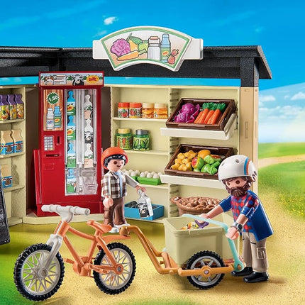 Playmobil 71250 Country farm shop, bike with trailer, organic farm food grocery shop, sustainable toy for children ages 4+
