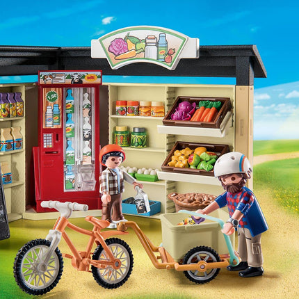 Playmobil 71250 Country farm shop, bike with trailer, organic farm food grocery shop, sustainable toy for children ages 4+