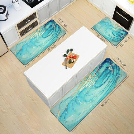 MAYHMYO Kitchen Rugs and Mats Set of 2 Teal Marble Gold Anti Fatigue Mat PVC Non Slip Turquoise Foam Cushioned Kitchen Mats for Floor Dining Room Home Office Sink Laundry…