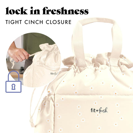 Fit & Fresh Cromwell Drawstring Lunch Bag for Women, Complete Lunch Set with 2 Containers, Stain-Resistant, Leak-Resistant, Back to School Essential, Teacher Lunchbox, Ivory Daisies