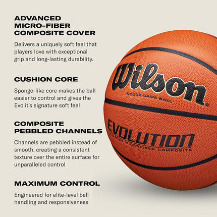 WILSON Evolution Indoor Game Basketball, Scarlet, Size 7-29.5"