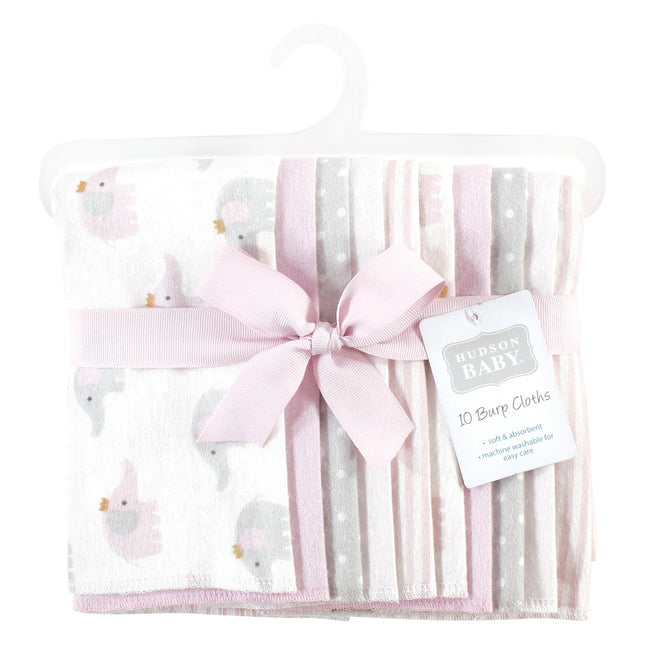 Hudson Baby Unisex Baby Cotton Flannel Burp Cloths, Lilac Elephants 10 Pack, One Size