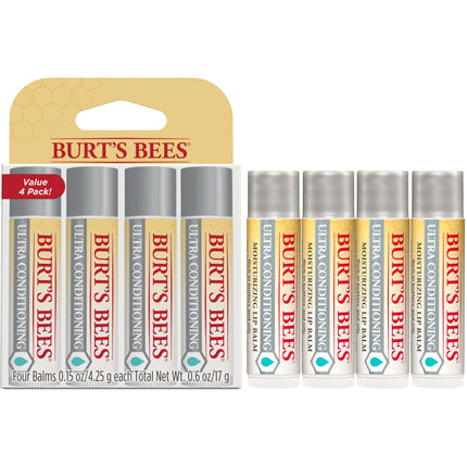 Burt's Bees Lip Balm Easter Basket Stuffers, Moisturising Lip Care, 100% Natural, Ultra Conditioning with Shea, Cocoa & Kokum Butter (Pack of 4)