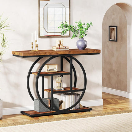 Tribesigns 105cm Console Table, 4-Tier Entryway Console Table with Geometric Base, Narrow Hall Table with Storage Shelves for Living Room, Hallway, Foyer, Rustic Brown