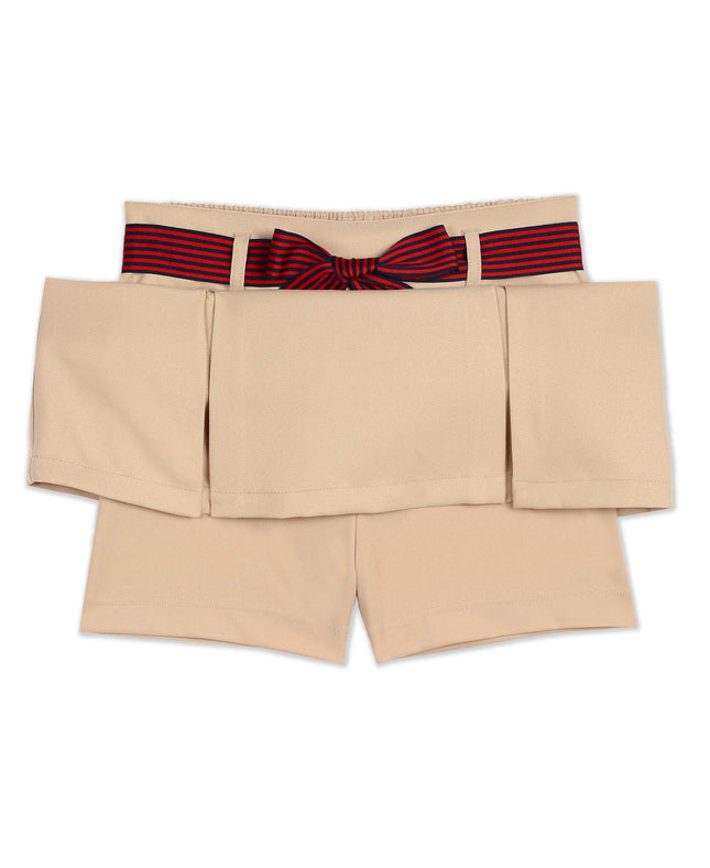 Nautica Girls' School Uniform Pleated Pull-on Scooter Skirt with Undershorts, Knit Waistband, Khaki/Striped Belt, 20 Plus