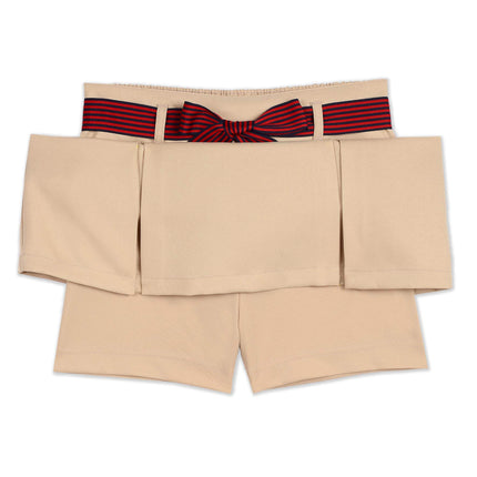 Nautica Girls' School Uniform Pleated Pull-on Scooter Skirt with Undershorts, Knit Waistband, Wrinkle & Fade Resistant, Khaki/Striped Belt, 4