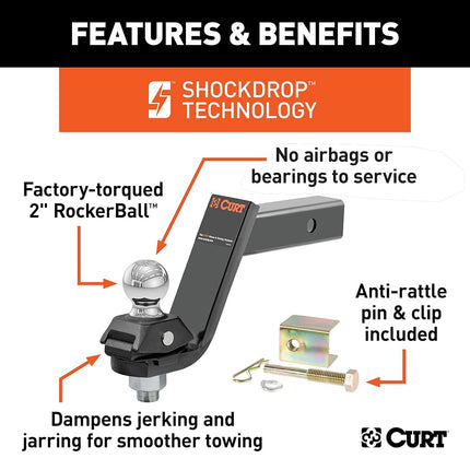 CURT 45144 RockerBall Cushion Hitch Ball Mount, 7,500 lbs 2-Inch Diameter, 2-in Shank, 5" Drop, Anti-Rattle Pin