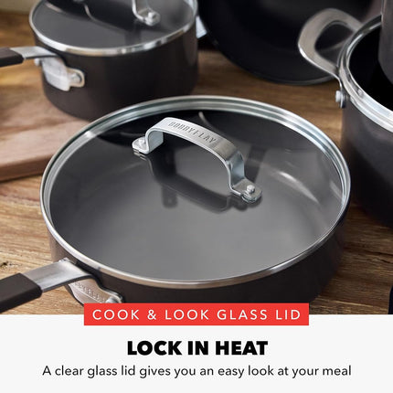 GreenPan x Bobby Flay Juego de ollas y sartenes antiadherentes de 13 piezas, cerámica con infusión de diamante sin PFAS, apto para inducción, fácil de limpiar apto para lavavajillas y horno, asas de silicona que se mantienen frías, tapas de vidrio, negro