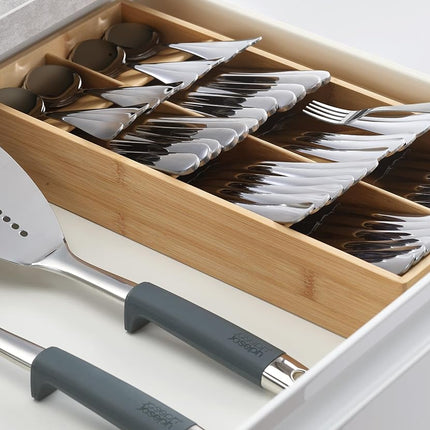 Joseph Joseph Drawer Store - Large Compact Cutlery Drawer Organizer, 8 Compartments, Holds 48 Pieces, Bamboo