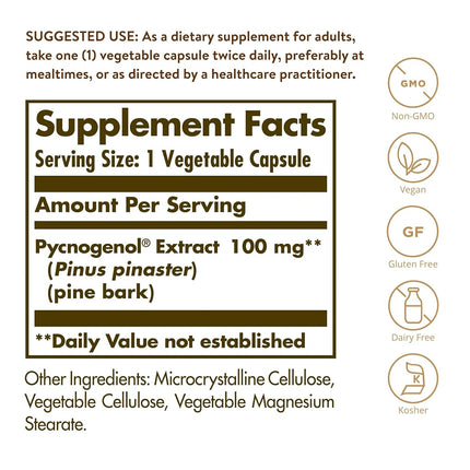 Solgar Pycnogenol 100mg - Derived from Pine Bark - Works Combined with Vitamins C & E - Vegan - 30 Vegetable Capsules, Brown