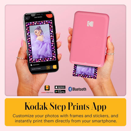 Kodak Step Instant Smartphone Photo Printer, Portable Mini Color Wireless Mobile Printer, Zink 2x3” (5.1x7.5 cm) Sticky-Back Photos, Bluetooth, 75 Sheets Bundle, Pink