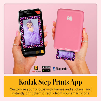 Kodak Step Instant Smartphone Photo Printer, Portable Mini Color Wireless Mobile Printer, Zink 2x3” (5.1x7.5 cm) Sticky-Back Photos, Bluetooth, 75 Sheets Bundle, Pink