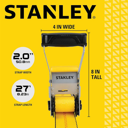 STANLEY S10000F Black/Yellow 2" x 27' Ratchet Strap with Flat Hooks - 3,333 LBS Safe Working Load / 10,000 LBS Break Strength