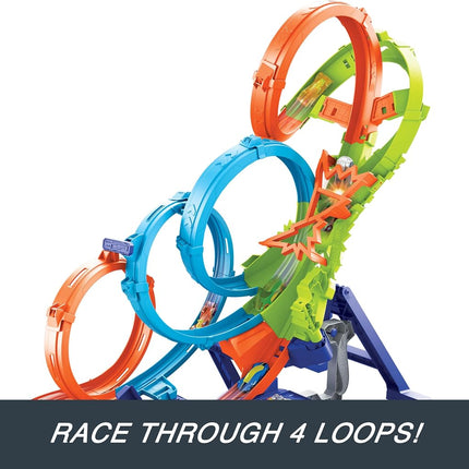 Hot Wheels Track Set with 4 Loops, 3-Way Crash Zone & Motorized Booster, Folds for Storage, With 1:64 Scale Toy Car, HXT06