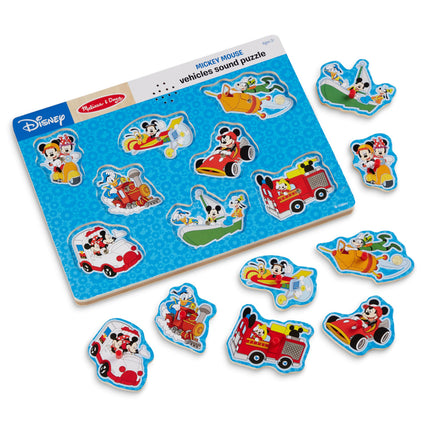 Melissa & Doug Disney Mickey Mouse and Friends Vehicles Light-Activated Sound Puzzle (8 pcs) Mickey Mouse Toddler Toys, Wooden Sound Puzzles for Toddlers Ages 2+