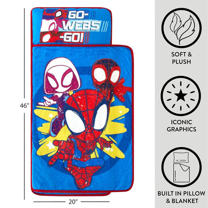 Idea Nuova Amazing Toddler Quilted Nap Mat with Built in Blanket and Pillow, 20" Wx46 L, Spidey and Friends
