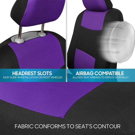 BDK PolyPro Car Seat Covers Full Set in Purple on Black, Front and Rear Split Bench Seat Covers for Cars, Easy to Install Car Seats Cover Set and Accessories for Auto Trucks Van SUV - Purple