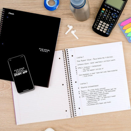 Five Star Spiral Notebook + Study App, 5 Subject, College Ruled Paper, Fights Ink Bleed, Water Resistant Cover, 8-1/2" x 11", 200 Sheets, Black (72081)