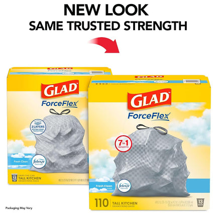 Glad Tall Kitchen Drawstring Trash Bags - Odorshield 13 Gallon White Trash Bag, Febreze Fresh Clean, White, Not Applicable, Febreze - Fresh Clean, 110 Count