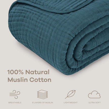 Comfy Cubs Adult Muslin Blanket Throw, 127 x 152 cm - Soft, Six-Layered, Lightweight, Breathable Cotton Blanket for All Seasons - Machine Washable, Stylish Home Decor - Neptune