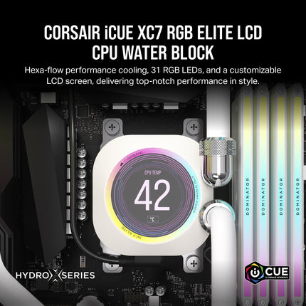 Corsair XC7 RGB ELITE LCD CPU Water Block - 480x480 IPS LCD Screen - 31 RGB LEDs - USB-C - Fits Intel® LGA 1700, AMD® AM5 and older - White