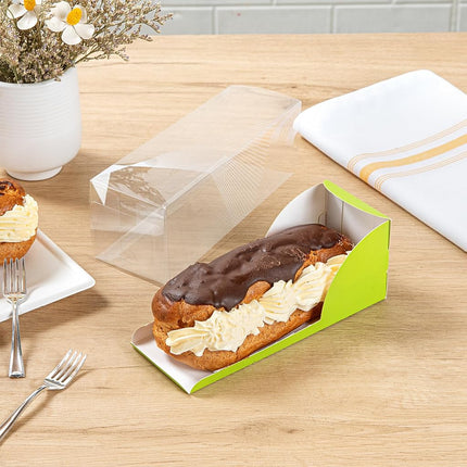 Restaurantware-7 Inch x 2.5 Inch Clear Dessert Boxes, 100 Green Paper Sleeve Transparent Candy Boxes - Geometric Line Accent, No Grease Lining, Clear Plastic Favor Box, Crack Resistant