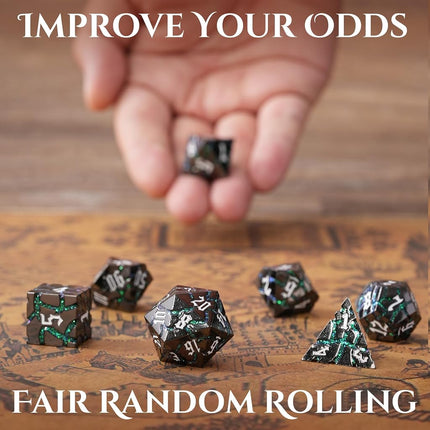 Metal Dice for DND - Ancient Cracked - Black Green Glitter Cracks