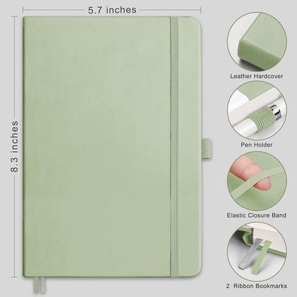 RETTACY Bullet Dotted Journal - A5 Dotted Grid Journal Notebook with 256 Pages, 120 GSM Acid-Free Paper, Bullet Journaling, Sketching, Leather Hardcover, Inner Pocket, 5.7'' × 8.3'' (Light Green)