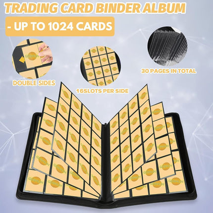 Foalgo 16 Pocket Trading Card Binder, GERMUN PU Cover, Black, Holds 1024 Cards, Double Sided, MTG, TCG