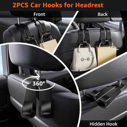 Geyrut Headrest Hooks For Car, Multifunctional Car Purse Hook Leather Car Seat Back Storage Hook Double Metal Hooks Car Hangers for Seat, Car Organizers (2 Pack, Black)