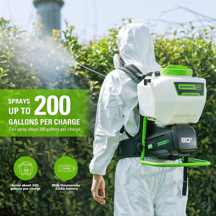 Pulverizador de mochila a batería Greenworks 80V de 15,14 L con 5 boquillas, presión de 70 PSI - Para herbicidas, control de plagas, desinfección y pulverización en jardines, pulverizador inalámbrico de alta presión para uso comercial, solo la herramienta
