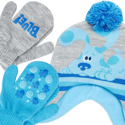 Set de gorro de invierno de Blue's Clues de Nickelodeon para niños - Gorro de pompón y manoplas de 2 piezas, talla 2-4 años, azul/gris