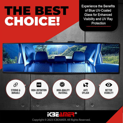 ICBEAMER 14.2" Car Rear View Mirror, HD Blue Tint, Panoramic Wide Angle Flat Surface, 2 Interior Retractable Rubber Clips, Anti Glare, Automotive Accessories Universal for Truck, Car, SUV, 1 Pack