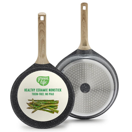 GreenLife Nonstick 2 Piece Frying Pan Set, 9.5" & 11" Skillets Ceramic PFAS-Free Nontoxic, Induction Suitable, Wood Print Handles, Stay-Cool Handles, Deep Cooking Skillets, Egg Pan, Granite Black