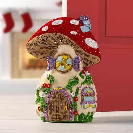 Bucilla, Mushroom Manor, Felt Applique Door Stop Kit, Perfect for DIY Arts and Crafts, 89733E