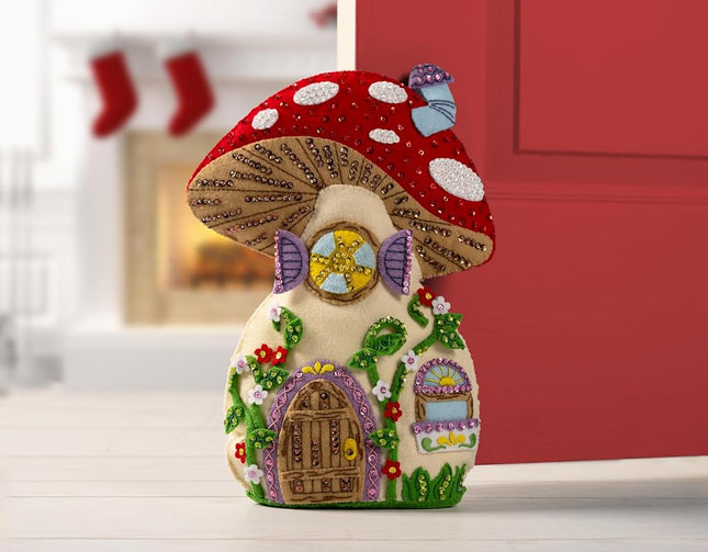 Bucilla, Mushroom Manor, Felt Applique Door Stop Kit, Perfect for DIY Arts and Crafts, 89733E