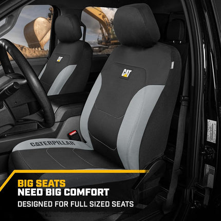 Caterpillar Flexfit Automotive Seat Covers for Cars Trucks and SUVs (Set of 2) – Black Car Seat Covers for Front Seats, Seat Protectors with Gray Honeycomb Trim, Auto Interior Covers