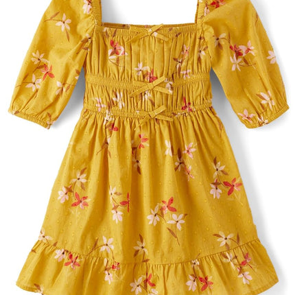 Gymboree Girls' and Toddler Short Sleeve Casual Printed Dresses, Gold Leaf, 4T