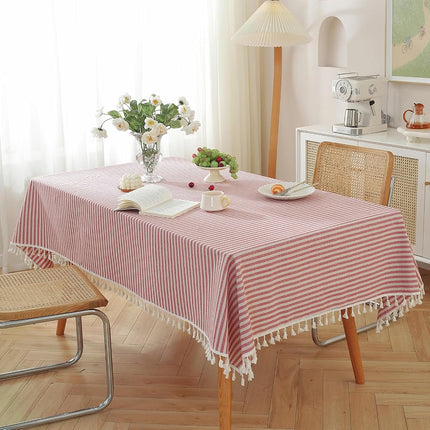 meioro Tablecloth Striped Fringe Table Cloth Rectangular Tablecloths Cotton Linen Table Cover for Dining Coffee Buffet Kitchen Picnic Use(55 x 78 Inch, Red)