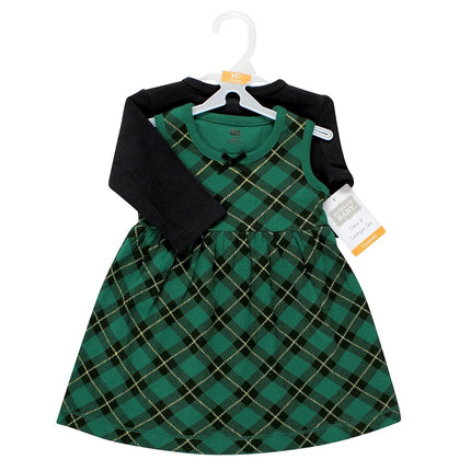 Hudson Baby Conjunto de Vestido y Cárdigan de Algodón para Bebés Niñas, Cuadros Verde Bosque, 5T