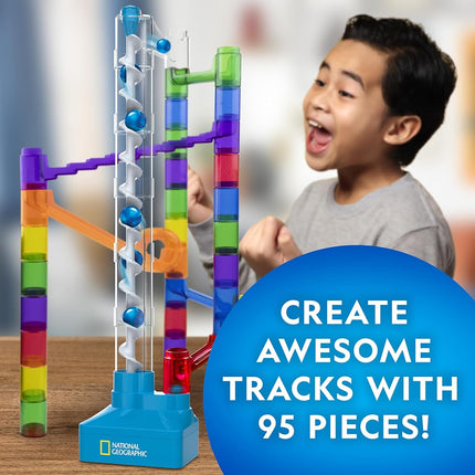 NATIONAL GEOGRAPHIC Marble Run with Motorized Elevator - 95-Piece Marble Maze Kit with Motorized Spiral Lift, 20 Marbles, Storage Bag & More, Perpetual Motion Machine, Marble Game