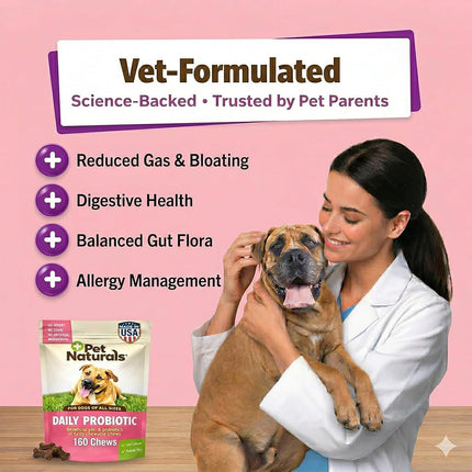 Pet Naturals Daily Probiotic for Dogs, Duck Flavor, 160 Chews - 120M CFUs Pre and Probiotics for Dogs Digestive Health, Gut Health, Immune Support, Diarrhea, Allergies and Itching